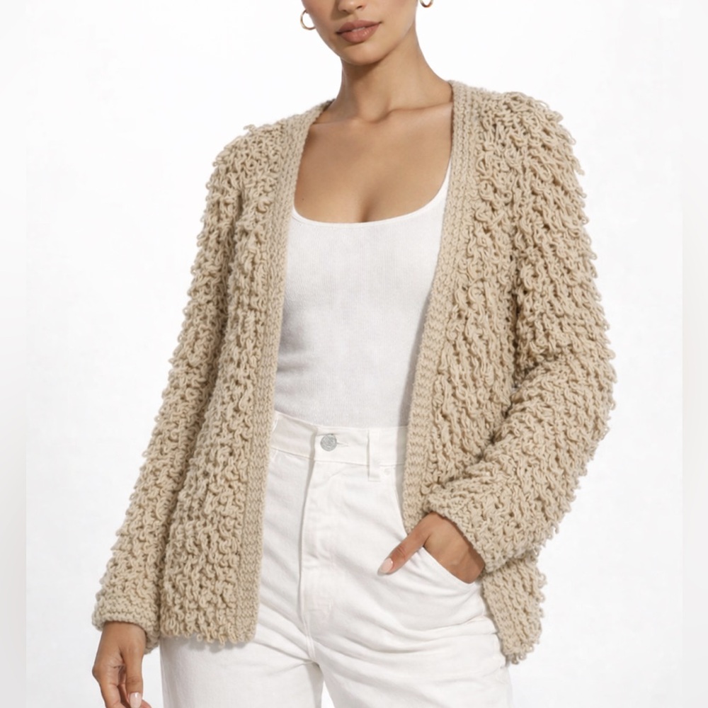 TWIST | Chunky Camel Tan Shaggy Chunky Knit Fringe Loop Cardigan Sweater Tan